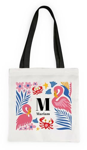 Wanapix | Tote Bag Personnalisé avec Photos | Poignées Noires | Sac en Tissu avec Longues Poignées Personnalisable 2 Côtés | Grande Capacité 10 Litres | Cadeau Original | Flamants Roses Plage