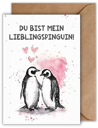 WBdesignz Liebe Karte mit Umschlag - Liebesgeständniskarte “Du bist mein Lieblingspinguin” Liebeskarte für Partner Liebesgruß Beziehung Jahrestag Geschenk Ehe Pinguine Herzen Aquarell (DIN A6)