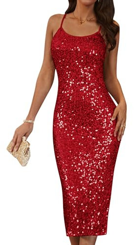 GRACE KARIN Damen Elegant Abendkleid Ärmellos Pailletten Bodycon Cocktailkleid Rot 36
