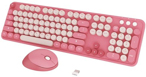 Kootop - Tastiera wireless, simpatica e colorata, con 104 tasti, stile retrò, con copritasti rotondi per PC, laptop, desktop, finestre, tastiere di casa e ufficio (rosa)