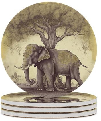 Untersetzer für Getränke, Keramik-Untersetzer mit Kork-Unterlage, hitzebeständige Getränkeuntersetzer für Couchtisch, asiatischer Elefant mit Baum-Untersetzer für Tischschutz, 10,4 cm, 4 Stück