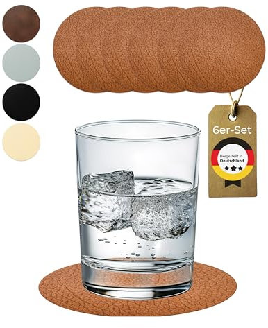 Lederfabrik Garnier® Untersetzer Gläser rund 6er-Set - rutschfest & Abwaschbar - Perfekter Tischschutz - Glasuntersetzer Leder Bison - Made in DE