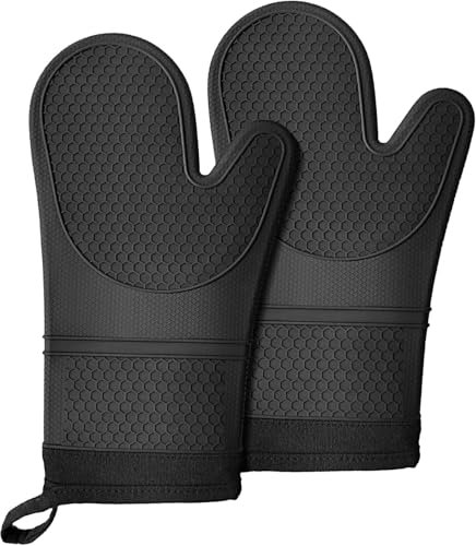 Lazebox Extra lange Silikon-Ofenhandschuhe, hitze- und rutschfest, mit weichem Baumwollfutter, rutschfester, strukturierter Griff, lange, flexible, dicke Handschuhe zum Grillen, Backen, Kochen, 32 cm,