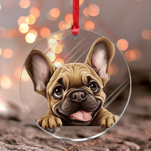 Weihnachtsschmuck 2024 Peeking Französische Bulldogge Acryl Weihnachtsbaum Ornament Bunte Hund Tier Kunst Souvenir Cartoon Lustiges Hunde-Andenken Sammlerstück Geschenk Baumschmuck Strumpf