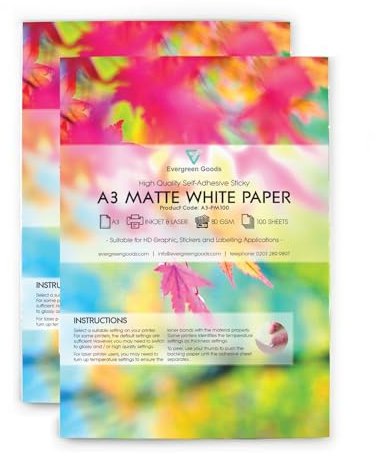 Evergreen Goods - Papel adhesivo mate para impresoras de inyección de tinta y láser, 200 hojas de 420 x 297 mm, 200 hojas, color blanco