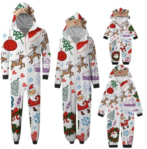 Pigiama Natale Famiglia Tute Comodo Pigiama Invernale Donna Tuta Invernale Tutta la Famiglia Completo per Natale Con Cappuccio Tute Intero Lungo Pigiami Intero per Uomo Donna Bambino Regalo Natalizio
