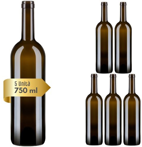 acquaverde | 5 Bottiglie Bordolese per Vino da 750 ml in Vetro Scuro UVAG, Contenitore Alimentare, Bottiglia Vuota per Vini Rosso, Bianco e Rosato con Imboccatura idonea per Tappo in Sughero
