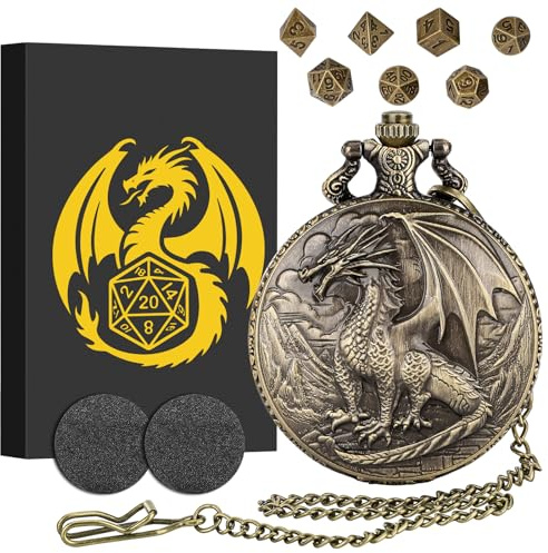 Mini DND Würfel Set, mit Steampunk Stehender Drache Taschenuhrgehäuse, Winzige 7-teilige Polyedrische Metall D&D Würfel, DND Geschenke mit Geschenk Box, Rollenspiele-Brettspielzubehör Würfel, Bronze