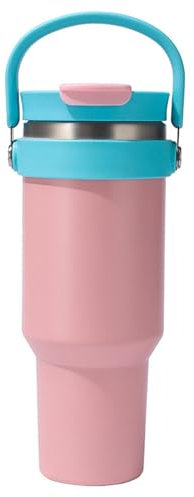 Oyadomi Gobelet isotherme avec paille et anse - 1,2 l - Gourde isotherme en acier inoxydable - Sans BPA - Anti-fuite - Rose - 1200 ml