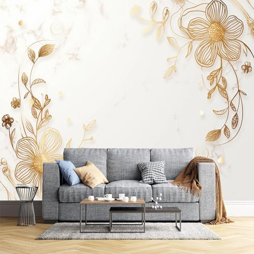 JEDTAKCT Papier Peint Panoramique Plantes En Feuille D'Or Marbre De Luxe 350X256Cm Soie Fresque Murale - Décoration Murale Moderne – Pour Salon Chambre D'Enfants Restaurant Murale