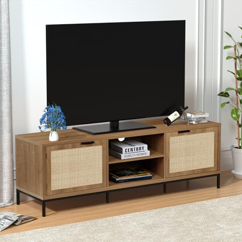 Skokliz TV Unit, TV Stand Cabinet for TVs up to 65 inch, Boho TV Console with 2 Rattan Door Storage, 150cm Long TV Cabinets for Living Room, Bedroom