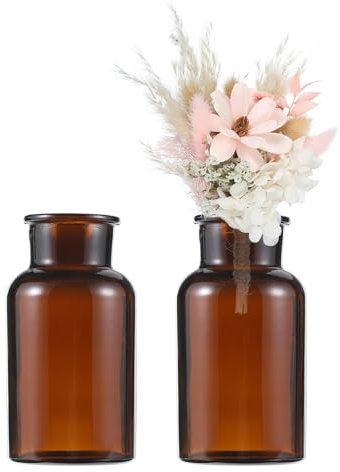 sourcing map Brown Glass Bud Vase Set of 2, Small Flower Vases for Centerpiece, Tiny 250ml Wide Mouth Vintage Clear Mini Vases in Bulk Assorted for Rustic Wedding Home Table Decor