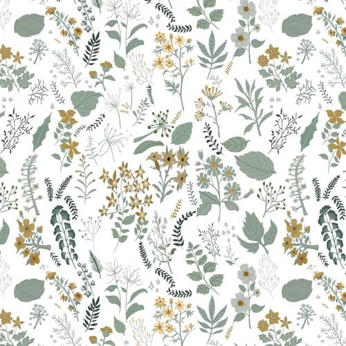 Fiula Self Adhesive Wallpaper White Peel and Stick Wallpaper Floral Leaf 41CMx10M Botanical Renter Friendly Wall Paper Living Room Green Yellow Vinyl Wrap for Furniture Bedroom Removable Contact Paper