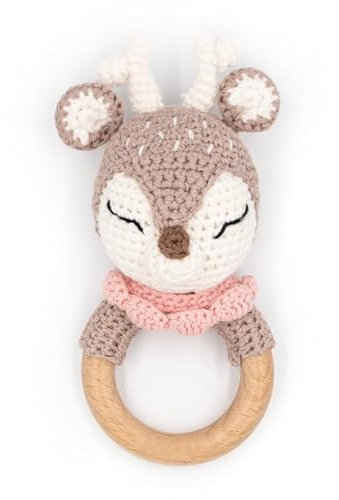 personalisiert mit Namen - Holz Beißring Baby gehäkelte Tiere - Babyrassel - Babygeschenke zur Geburt für Mädchen Jungen - Baby Erstausstattung Neugeborene (Reh rosa)