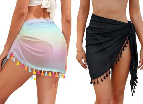 Aiseyi Strand Wrap Sarong Damen Groß 2 Stück Chiffon Strandrock mit Fransen Schwarz/Weiß