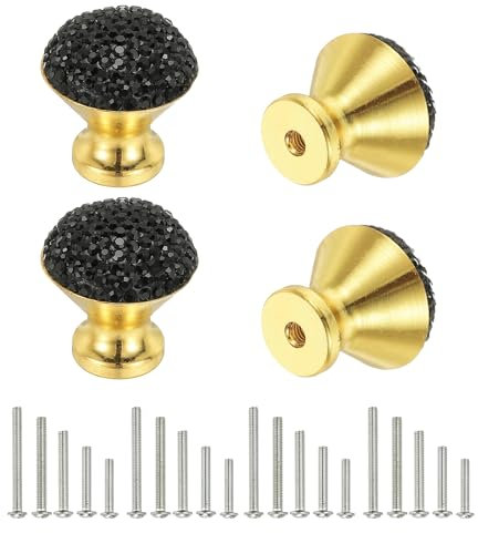 sourcing map Drawer Knobs,4Pcs 1.1 Inch (28mm) Diameter Bling Diamond Decoration Cabinet Knob, Round Rhinestones Pull Handle with Screws for Home, Office, Kitchen (Gold Base + Black Diamonds)