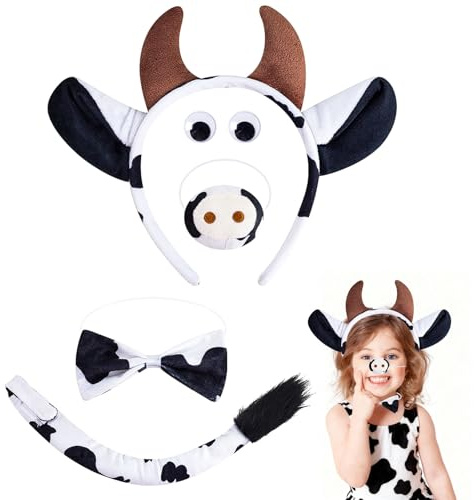 Spetsbst 5 Stück Milchkuh Kostüm Zubehör, Halloween Tierkostüm Cosplay Kinder mit Ohrenstirnband+ Fliege+ Schwanz+ Nase usw., Verkleidung für Karneval Themenparty Maskerade Jungen Mädchen