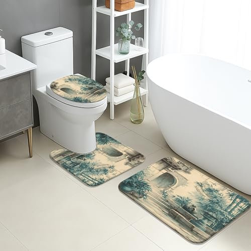 Lot de 3 tapis de salle de bain vintage en mousse à mémoire de forme, absorbants, antidérapants, lavables, à séchage rapide, motif traditionnel en bambou bleu