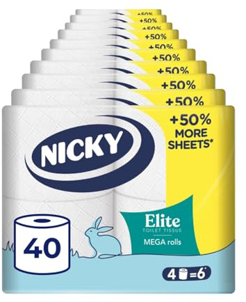 Nicky Elite, 40 Mega Rolls of Toilet Tissue, 3-Ply | 252 Sheets per Roll, Soft and Caring, Scented and Embossed, Easy-Open Pack, FSC Certified Paper