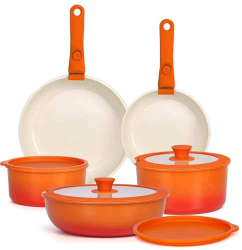 GiPP Pots and Pans Set Non Stick,11PCS Granite Nonstick Cookware Sets with Detachable Handle,Induction Kitchen Set Removable Handle,RV Cookware Set,PFAS PFOA Free,Oven Safe(Orange Gradient,11PCS)