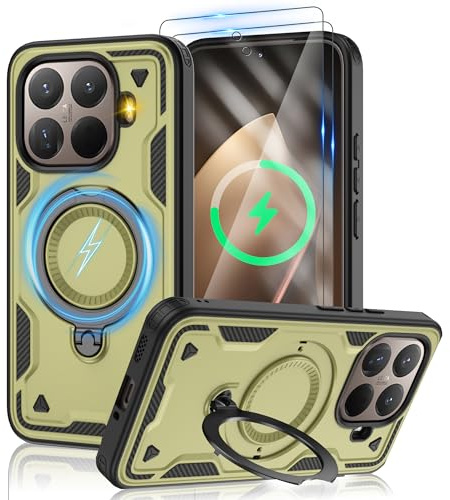 Jshru für Xiaomi 15T Pro Hülle Kompatibel mit-Magsafe Militär Stoßfest Handyhülle, mit 2Stück HD-Schutzfolie Magnetische Schutzhülle,360° Drehbare Halterung Case für Xiaomi 15T Pro,Olivgrün