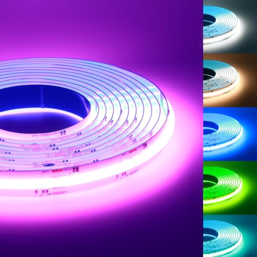 Arotelicht COB LED Streifen RGB+WW/CW 5M 24V, RGB CCT LED Strip 840LEDs/M, 6pin dimmbar Lichterkette 21W/M 12mm Breite Multicolor IP20 für Küche Home DIY Innendekoration (Ohne Adapter)