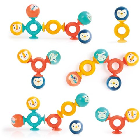 LUDI – Smack Pop – Saugnapf-Spielzeug – 4 Klangbälle und 3 Saugnäpfe aus Silikon – Fördert Motorik und Kreativität – Ab 10 Monaten