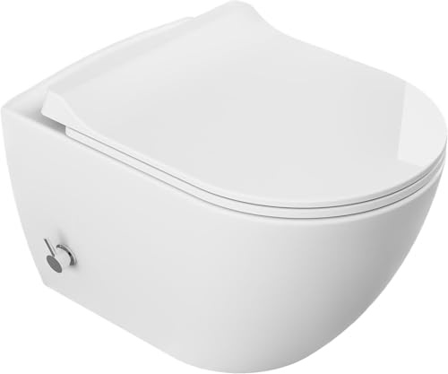 Rimless Wall-Hung WC con funzione bidet integrata e rubinetto miscelatore caldo/freddo, sedile in Duroplast sottile morbido, ceramica facile da pulire, bianco