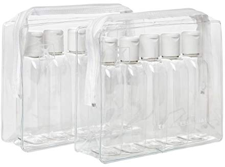 2 x Holiday Travel Clear Plastic Bottles Packs - 10 x 100 ml Bottles & 2 x Clear Bags