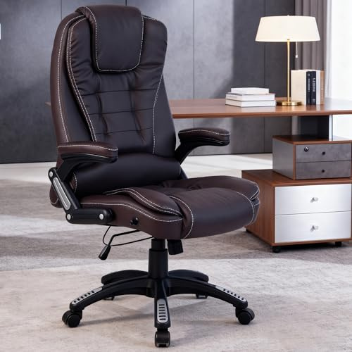 RayGar Brown Luxury Faux Leather High Back Reclining Recliner Office Chair Swivel Computer Desk Study (Brown)