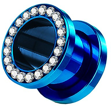 Piercingfaktor Flesh Tunnel Schraub Plug Ohr Piercing Edelstahl Titan mit Schraubverschluss Zirkonia Kristallen Steinen 3 mm Blau