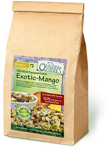 Original-Leckerlies: Exotic-Mango-Mix 1 kg, ***Premium Qualität*** Papageienfutter mit geschälten Saaten, hohem Fruchtanteil, Getreide aus kontrolliertem Anbau, leckerer Kokosnuss und Orangenblüten