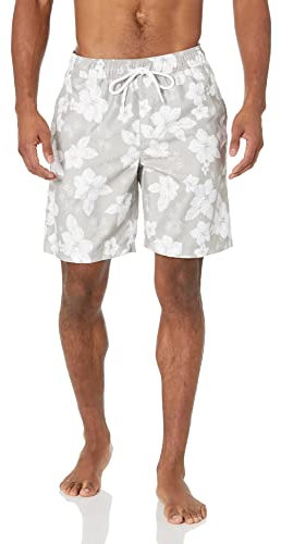 Amazon Essentials Shorts da Bagno da 23cm con Fodera Interna in Rete, Tasche, Chiusura con Coulisse Uomo, Grigio Fiori di Ibisco, L