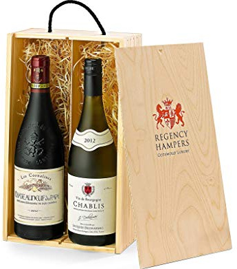 French Wine Gift Box - Luxury Gift Set with Chateauneuf-du-Pape & Chablis in Two Bottle Wooden Case - Premium Vintages and Wine Cases, from Regency Hampers