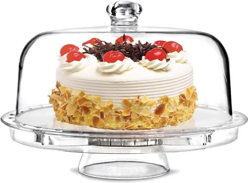 Tebery 6 IN 1 Multifunctional Cake Stand, Acrylic Cake Plate with Dome Lid, Cake and Cupcake Holder, Serving Platter, Salad Bowl, 31.5 cm, with Stand, Clear