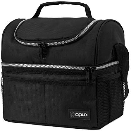Isolierte Lunchtasche mit zwei Fächern für Männer, Frauen, Doppeldeck, wiederverwendbar, Kühlbox Schultergurt, auslaufsicherer Innenfutter, mittelgroßer Lunchbox Schule, Arbeit, Büro Standard schwarz