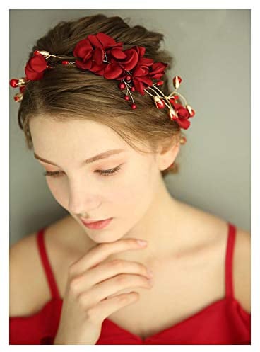Chargances Braut-Haarband mit rotem Blumen-Design, roter Kristall, Haarreif, mit Perlen und roten Strasssteinen, für Hochzeiten, Haar-Accessoires, roter Schmuck, Geschenk für Frauen und Mädchen