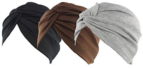 Ever Fairy 3 Stücke Chemotherapie Krebs Baumwolle Beanie Hut Elastizität Schlaf Turban Caps Head Wrap Cap Haarausfall Kappe für Frauen Headwear (Stil A (schwarz + dunkler Kaffee + grau))