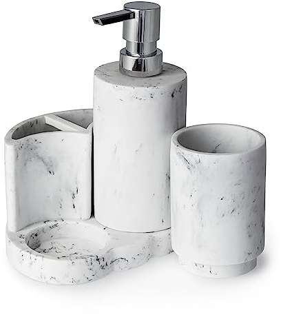 Blue Canyon Arezzo Set of Bathroom Accessories, 4 in 1 Bathroom Set, Accessories Include Soap Dispenser, Tumbler, Toothbrush Holder & Base Tray, Luxurious Marble Finish, Durable Resin Material, White