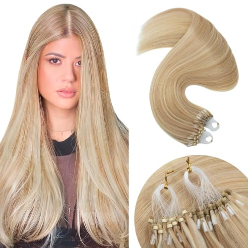 Elailite 1g Micro Loop Human Hair Extensions Real Remy Hair with Micro Ring Beads Straight - 50 Strands 50g (#18/613 Ash Blonde Mix Bleach Blonde, 24 inches)