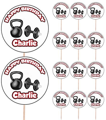 AK Giftshop Personalised Gym Weights Birthday Food & Cupcake Toppers Picks Flags Party Decorations - (pack of 14)