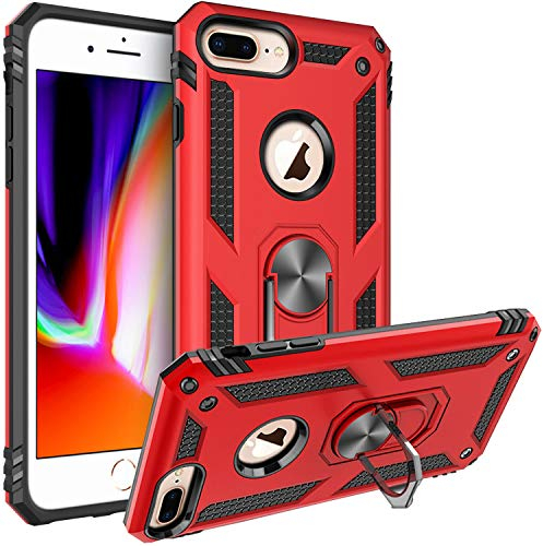 Fetrim Custodia per iPhone 7 Plus, Cover PC TPU Cassa Shell Supporto di Anello Rotante Case per Apple iPhone 6 Plus/6S Plus/7 Plus/8 Plus Rosso