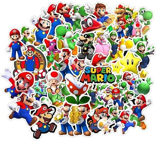 Super Mario Bros pegatinas de vinilo resistente al agua para portátiles, teléfonos, funda de teléfono, consolas, paredes, maletas, libros, 50 pegatinas (1 cada diseño)