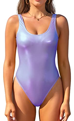 SHEKINI Damen Einteiliger Bauchweg Badeanzug Tiefen U Rückseite Glänzend Bademode Slim Bodysuit Monokini Swimsuit(M, Blau)