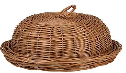 e-wicker24 Brotkasten, Brotkorb aus Weide, runder Brotkorb in Naturfarbe, Brotkorb mit Deckel, mit einem Stoff besetzt, dekorative Schleife