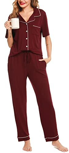 Lovasy Pigiama Donna Estivo Set Cotone Camicia con Bottoni Comodo Pantaloni Lunghi Manica Corta Aperto Davanti Lungo,Rosso, L