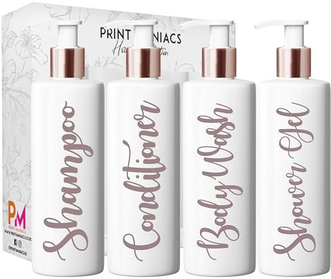Print Maniacs White Mrs Hinch Inspired Personalised 500ml Bottles Bathroom Lotion Kitchen Shampoo Conditioner Rose Gold Pump (Shower Gel Set) (Matt Rose Gold)
