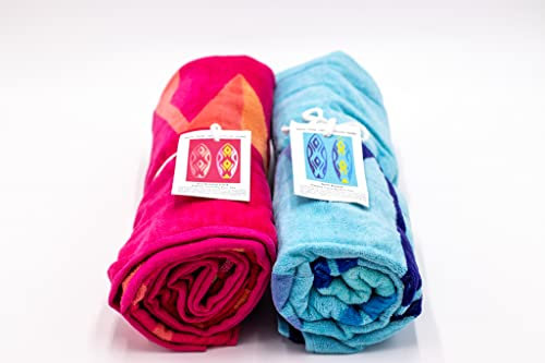 Lot de 2 serviettes de plage écologiques 100 % recyclées (1 planche de surf bleue et 1 planche de surf rose)