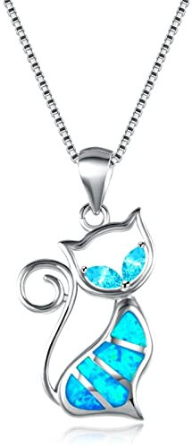 HPIP Stilvolle Weibliche Miezekatze-schmuck-qualitäts-Silber-Farben-Blaue Feueropal-Katzen-anhänger-Halskette Für Frauen