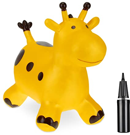 Relaxdays Hüpftier Giraffe, aufblasbare Hüpfgiraffe, Kinder ab 3 Jahre, inkl. Pumpe, BPA-freies Springtier, gelb-braun, 1 Stück